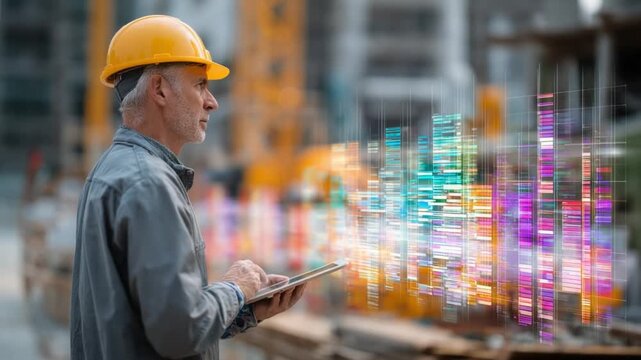 Visionary Construction: An seasoned engineer, clad in a yellow safety helmet, diligently inspects a digital overlay of a new construction project. Capturing advanced planning and urban development.