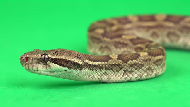 Brown and Tan Patterned Snake on Vibrant Green Screen Background for Chroma Key Compositing