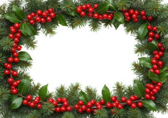 Lush green fir tree branches, vivid red berries, and bright green leaves form a decorative frame on a transparent background with copy space, studio lit with no shadows, festive christmas spirit