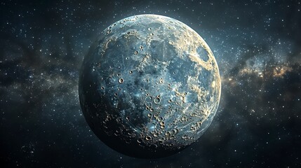 Heavily cratered planet with rough, textured surface against star-filled sky