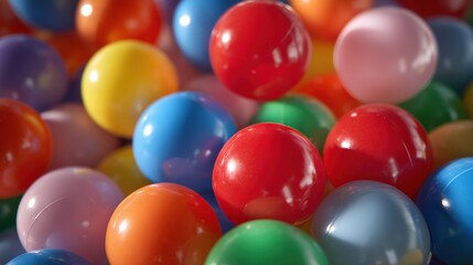 Close-up view of a colorful collection of smooth plastic balls in a vibrant ball pit, featuring a mix of bright primary and pastel colors, symbolizing fun, play, and childhood entertainment