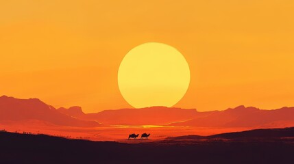 Desert landscape at sunset with camels.