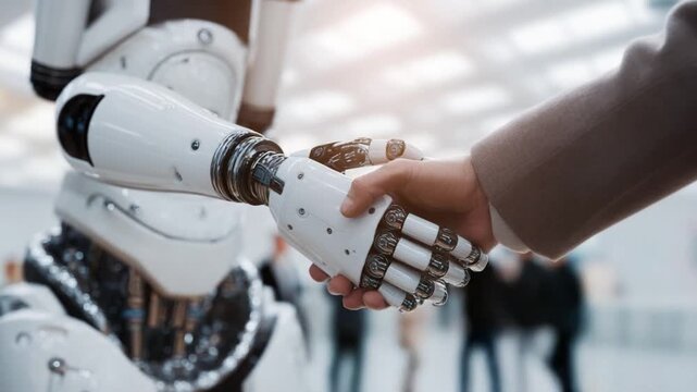 Robotic Handshake: A poignant moment between humanity and technology, captured as a human hand clasps the metallic hand of a sophisticated robot in a symbolic handshake.