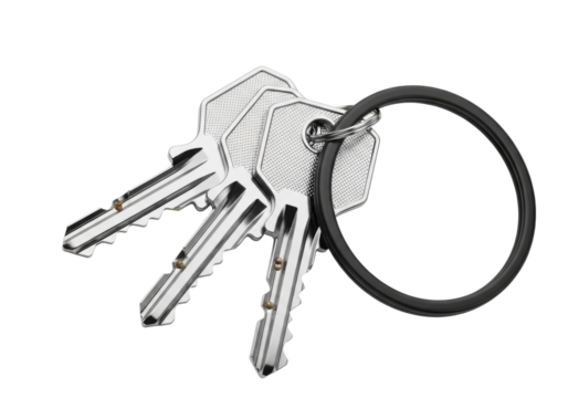 Three polished, highly reflective silver metal keys with intricate laser-cut details on a dark matte black key ring, lying flat on a transparent, isolated background, professional studio product