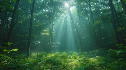 Obraz premium Sun rays piercing dense forest canopy, illuminating lush green undergrowth