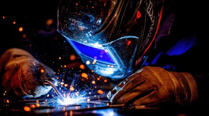 Close-up of a skilled welder wearing protective gloves and a dark visor helmet, working with intense blue arc light and flying sparks in a dark industrial workshop environment