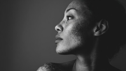 Black and white portrait of a woman with vitiligo looking thoughtfully to the side, capturing natural beauty, skin diversity, and quiet strength, confidence, identity, and inclusive representation