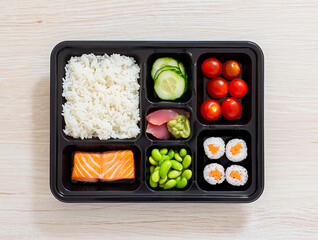 Bento box with salmon sushi and vegetables rice edamame