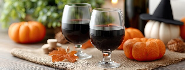 Fototapeta premium Two glasses of red wine sit against an orange backdrop, surrounded by Halloween decorations, creating a perfect party atmosphere
