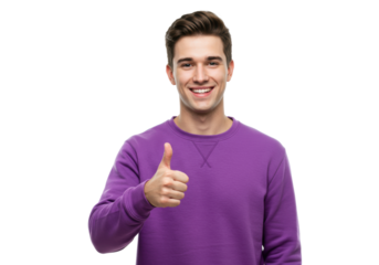 A cheerful young caucasian man in a vibrant purple sweatshirt smiling, giving a thumbs-up on a bright white studio background with copy space, concept of success and approval