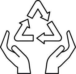 Clean line art icon of two hands holding a recycling symbol isolated on transparent background