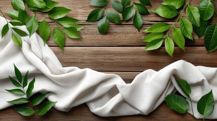 Green leaves of rosemary and thyme rest on rustic wood, complemented by textured fabric, ideal for organic and nature-inspired designs