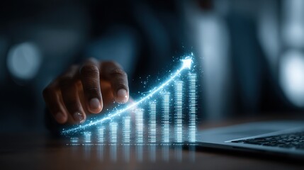 Close-up of a hand interacting with a glowing holographic bar chart showing rising data trends next to a laptop in a dark office. business growth, innovation, technology, and financial success