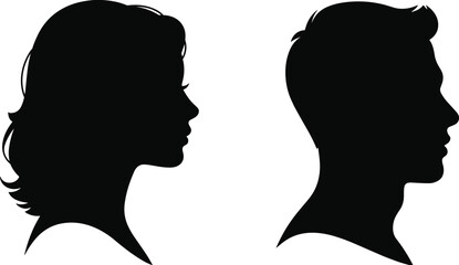 Man and woman head profile silhouette, black vector illustration of male and female face side view, isolated on white background