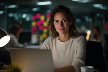 Focused young woman working late on a laptop in a creative office environment, surrounded by colleagues, desk lamp, and colorful sticky notes. innovation, dedication, and team collaboration
