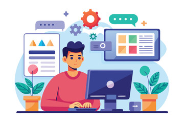 Fototapeta premium Web designer engaged in UI UX programming at a computer workspace surrounded by plants and user interface elements