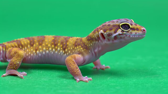 Close-up of a Vibrant Leopard Gecko (Eublepharis Macularius) with Yellow and Brown Spots on a Bright Green Background
