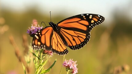 Fototapeta premium Butterfly climbs on a wildflower