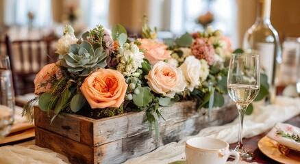 Rustic Wooden Flower Box with Peach Roses and Succulents for Wedding Table Centerpiece, Guest Tea Time Setting