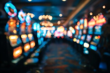 A blurry casino interior with rows of slot machines, abstracting the theme of chance and gaming in an atmospheric setting.
