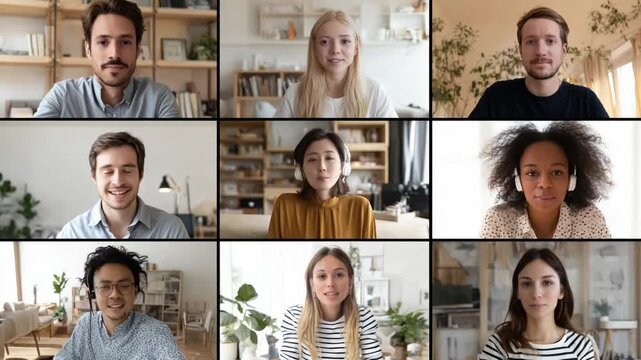 Digital Meeting: A diverse grid of faces representing modern professional interactions in a dynamic setting, symbolizing global connectivity and remote collaboration.
