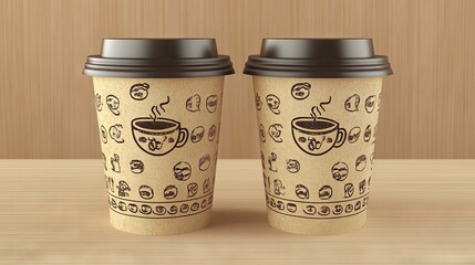 Two identical disposable coffee cups with dark lids sit on a light wood surface.  Each cup features a repeating pattern of small, hand-drawn coffee-related icons surrounding a central coffee cup 