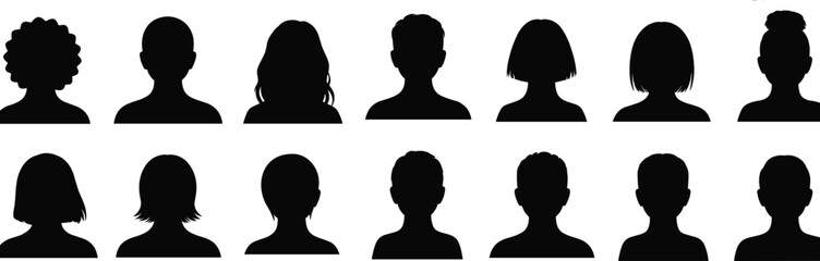Collection of diverse head silhouettes, male and female avatars, front view portrait icons, hairstyle variety, vector black profile set
