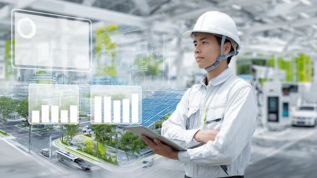 Engineer in Sustainable Energy: An engineer stands confidently, overseeing the implementation of sustainable energy solutions, with digital data overlaying the scene.