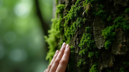 Cinematic close up of female fingers touch gently moss on tree bark. Tender and sensual connection to nature and environment. Conscious traveling and protection of rain forest.
