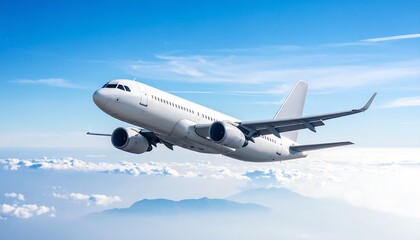 White jet plane soaring above fluffy clouds and mountains