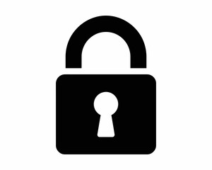 Black padlock silhouette icon representing security and privacy isolated on white background
