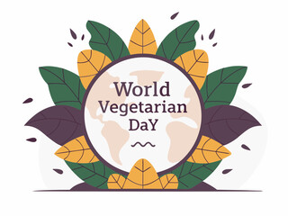 Celebrating World Vegetarian Day with a Globe surrounded by Colorful Leaves Illustration