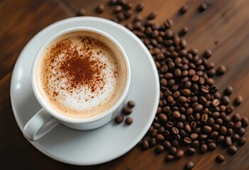Fototapeta premium A white cup of cappuccino, sprinkled with cocoa powder, rests on a saucer beside a scattering of roasted coffee beans on a dark wood surface