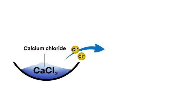 An educational infographic shows the dissociation of calcium chloride into two chloride ions and one calcium ion, highlighting the atomic masses of each element in a minimal style