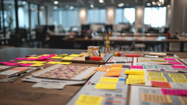 Creative workspace with colorful sticky notes and brainstorming materials, showcasing collaboration, innovation, and organization modern office