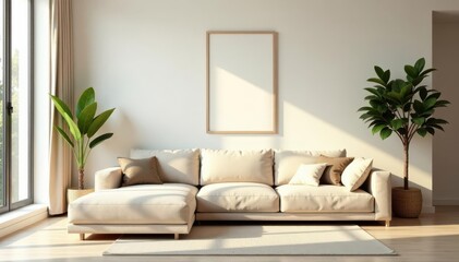 Beige living room with corner sofa, wall poster mockup, modern minimalist design , comfy, serene