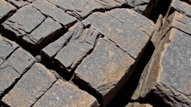Drone Shot Over Square Cut Basalt Rocks in Harsh Desert Light