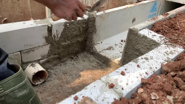 Hands of construction worker is smearing rough concrete using trowel on the wall for finishing the wall or waterways in a building. Plumbing work. Plastering wall