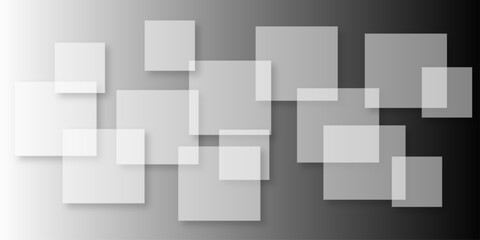 Overlapping Geometric Squares and Rectangles in Shades of Black white Evoking Order and Balance. black gradient background with transparent polygonal shapes and modern design elements. square design.