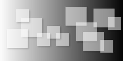 Overlapping Geometric Squares and Rectangles in Shades of Black white Evoking Order and Balance. black gradient background with transparent polygonal shapes and modern design elements. square design.