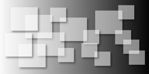 Overlapping Geometric Squares and Rectangles in Shades of Black white Evoking Order and Balance. black gradient background with transparent polygonal shapes and modern design elements. square design.