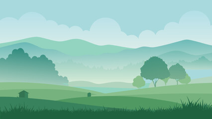 Obraz premium Foggy Morning Over Countryside Grass