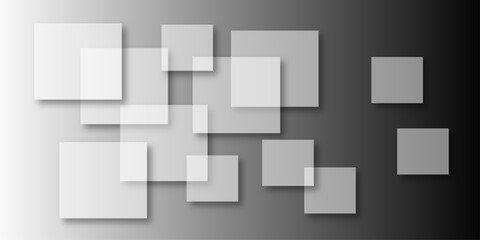 Overlapping Geometric Squares and Rectangles in Shades of Black white Evoking Order and Balance. black gradient background with transparent polygonal shapes and modern design elements. square design.