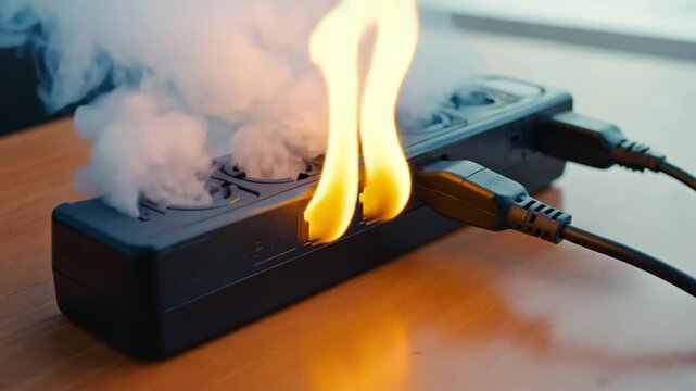 A power strip igniting due to overload or malfunction, highlighting fire hazards and electrical safety risks.