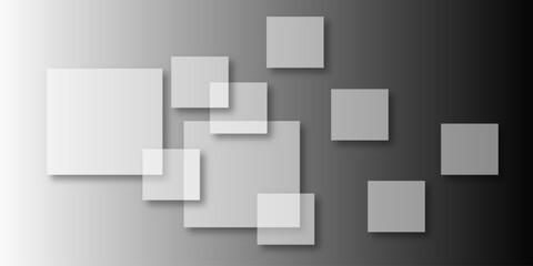 Overlapping Geometric Squares and Rectangles in Shades of Black white Evoking Order and Balance. black gradient background with transparent polygonal shapes and modern design elements. square design.