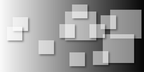 Overlapping Geometric Squares and Rectangles in Shades of Black white Evoking Order and Balance. black gradient background with transparent polygonal shapes and modern design elements. square design.