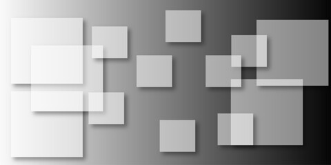Overlapping Geometric Squares and Rectangles in Shades of Black white Evoking Order and Balance. black gradient background with transparent polygonal shapes and modern design elements. square design.