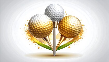 Three golf balls on tees, gold and white, with abstract design