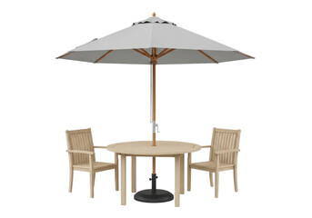 A modern outdoor patio dining set with a round light wood table, two matching slatted chairs, and a light gray umbrella with a dark base, isolated on a clean white studio background with no shadows,