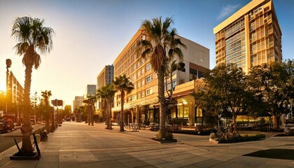 Golden Hour in Walkable Downtown Culver City Street Scene
